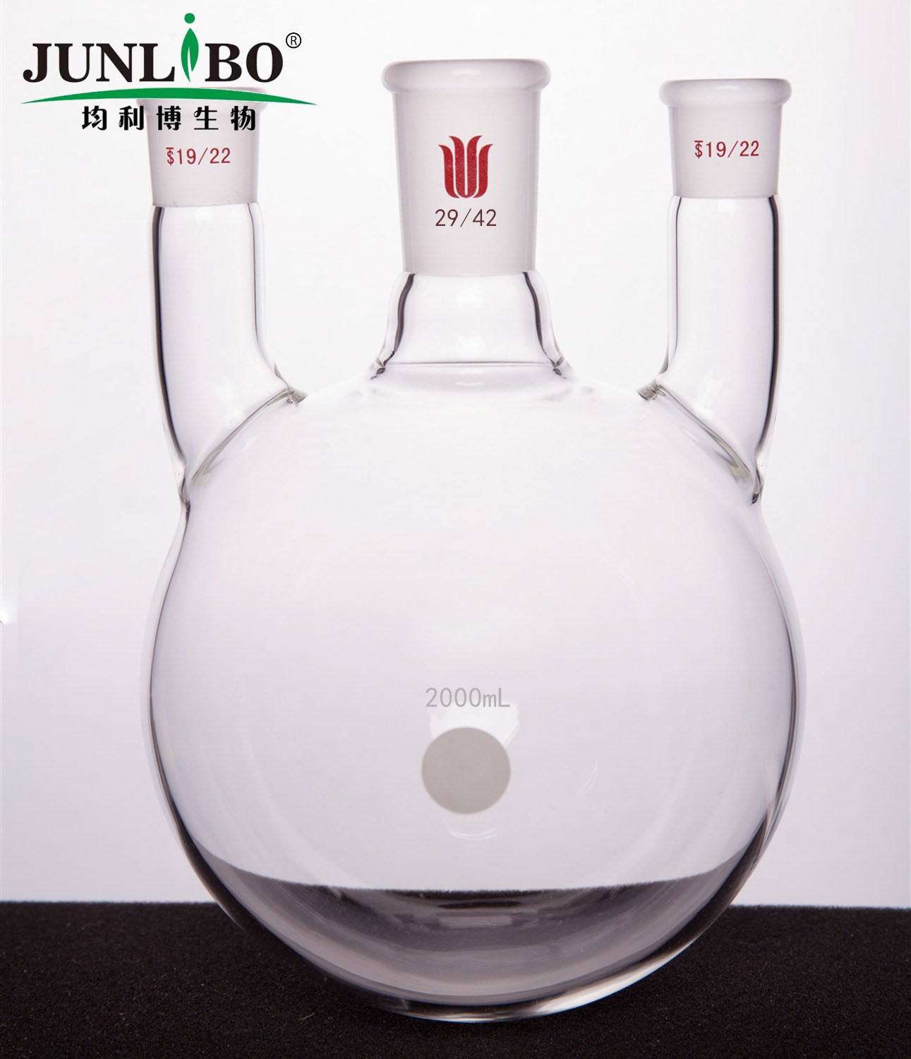 直三口球瓶,厚壁高强度,中间磨口:29/42,侧磨口:19/22,2000ml