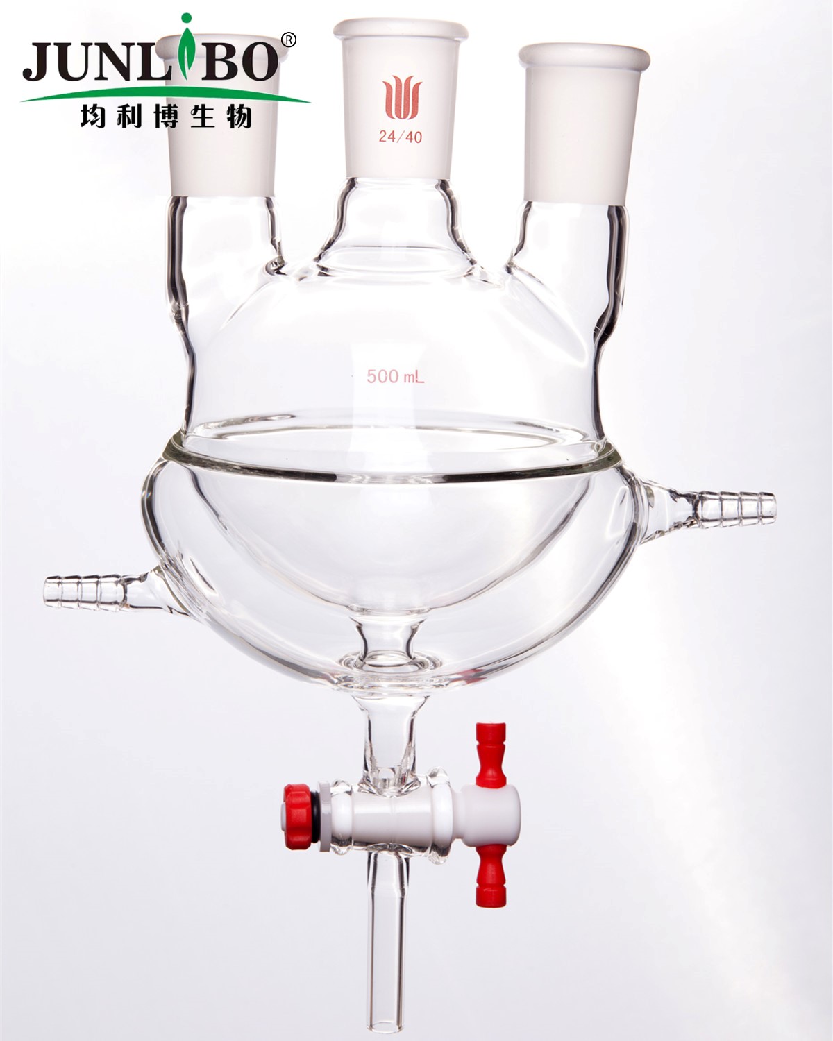 夹套半包式直三口球瓶,主口24/40,侧口24/40,500ml,4MM四氟节门