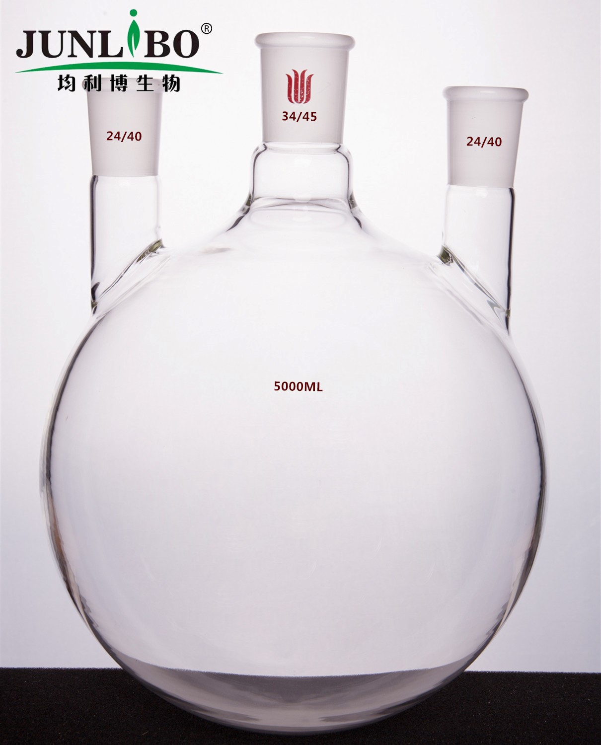 直三口球瓶,厚壁高强度,中间磨口:34/45,侧磨口:24/40,5000ml