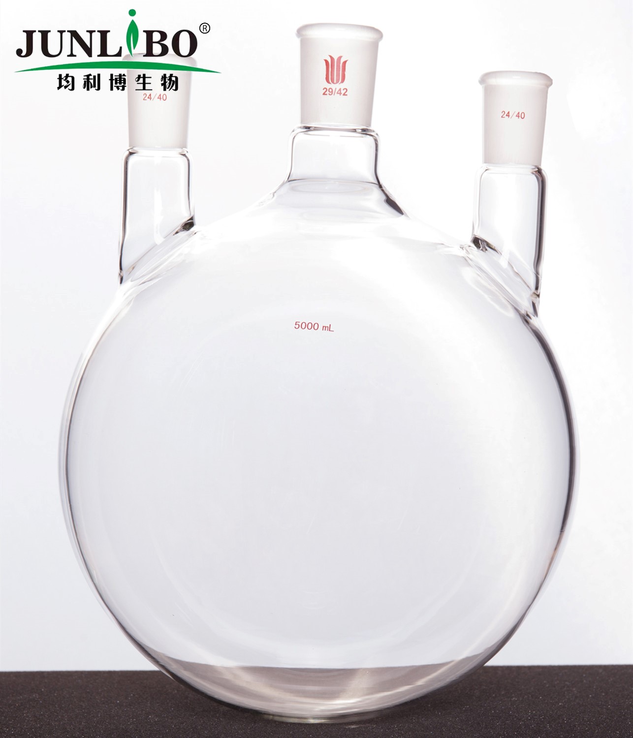 直三口球瓶,厚壁高强度,中间磨口:29/42,侧磨口:24/40,5000ml