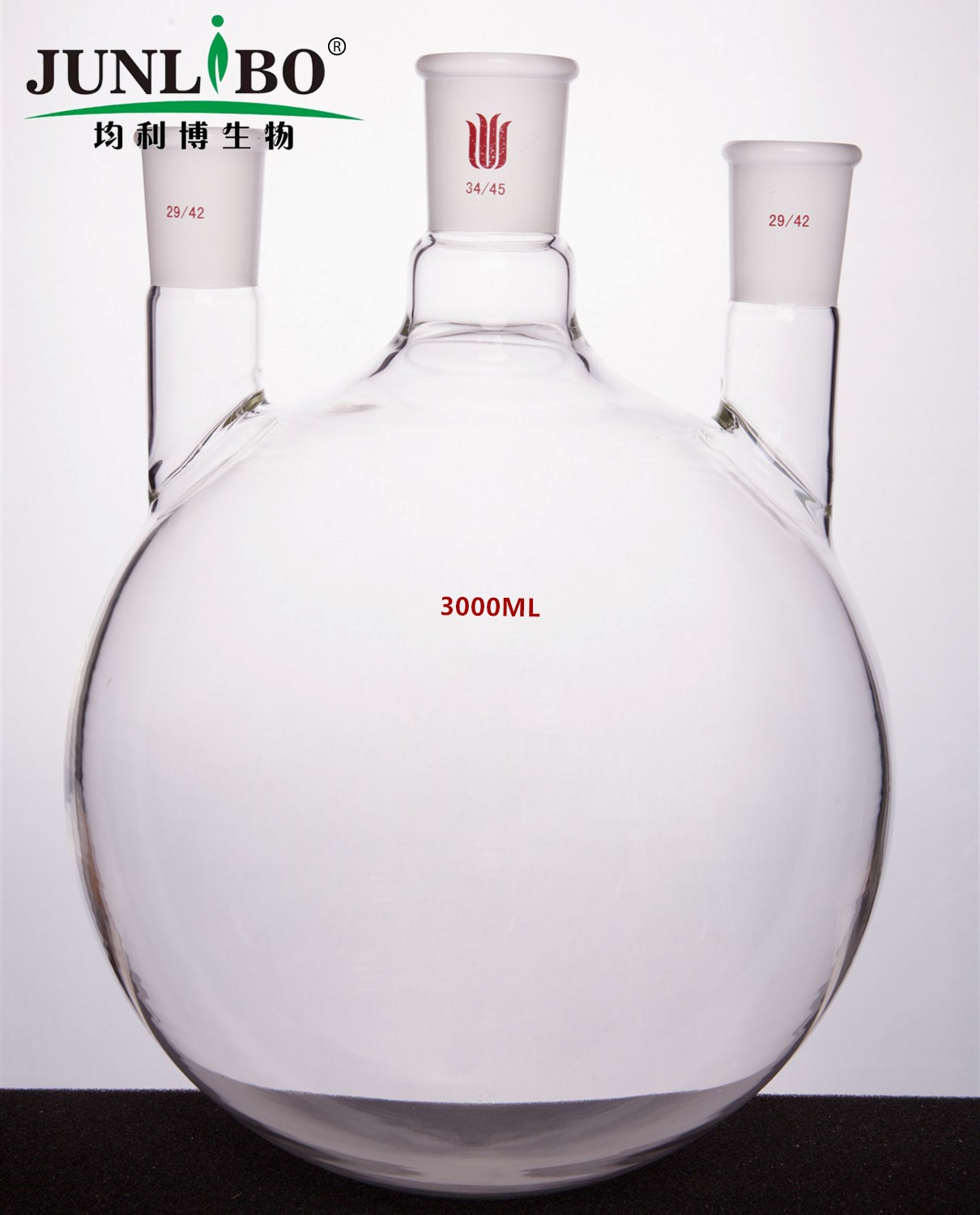 直三口球瓶,厚壁高强度,中间磨口:34/45,侧磨口:29/42,3000ml