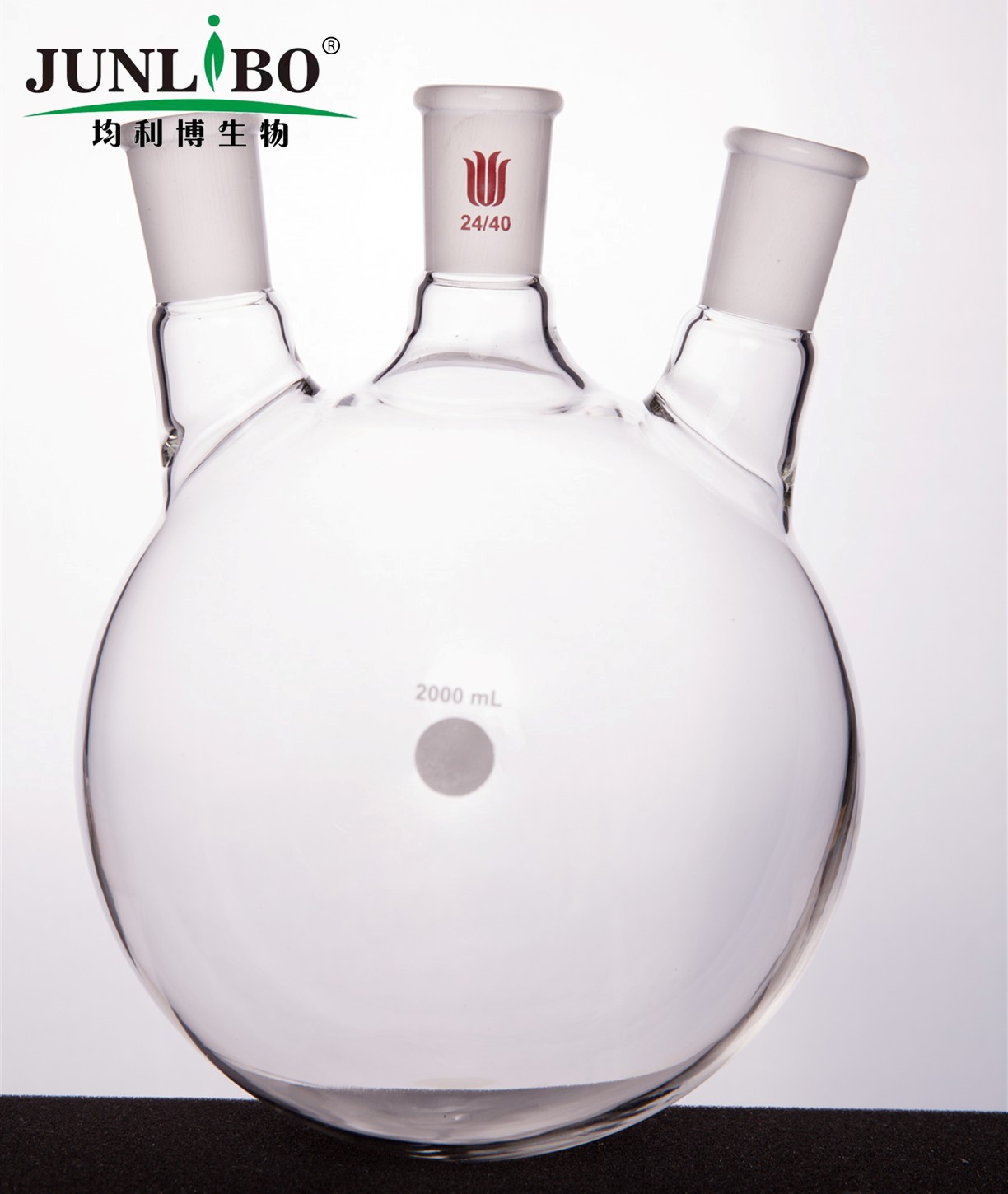 斜三口球瓶,厚壁高强度,中间磨口:24/40,侧磨口:24/40,2000ml