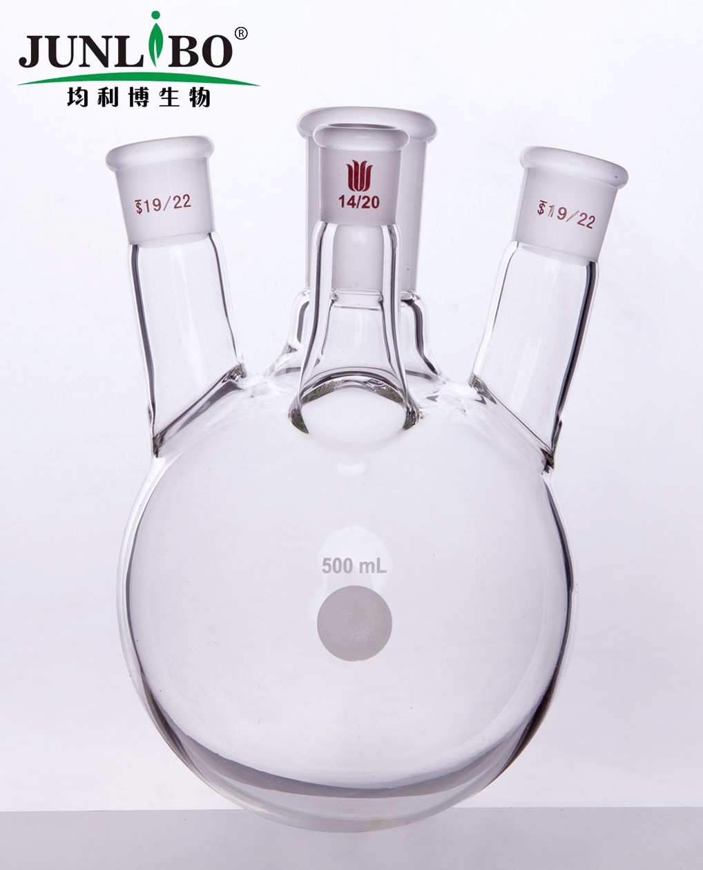 斜四口圆底球瓶,中口:24/40,侧口:19/22,前口：14/20,500ml