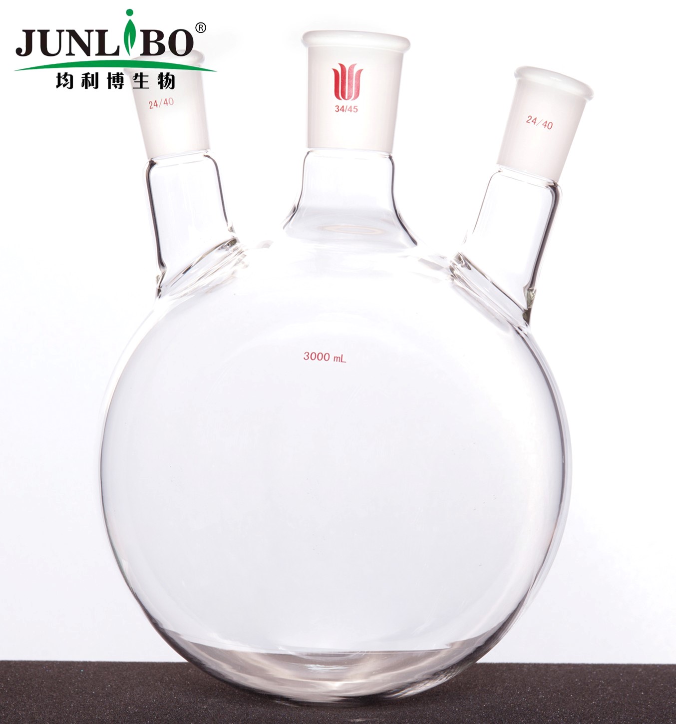 斜三口球瓶,厚壁高强度,中间磨口:34/45,侧磨口:24/40,3000ml